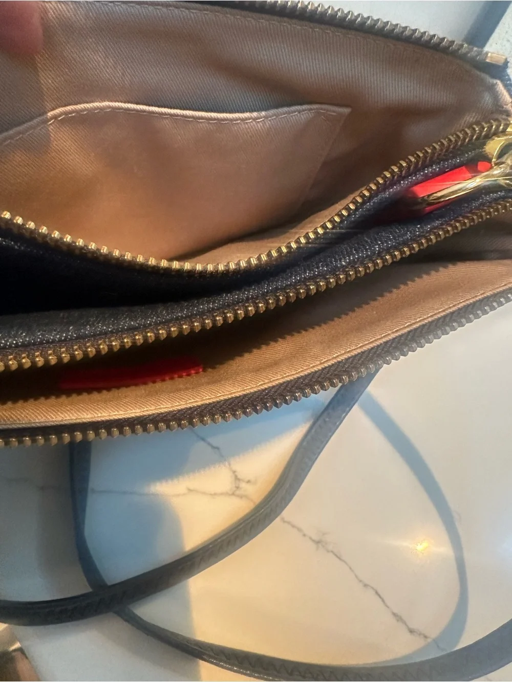 Talbots denim Crossbody Bag with Red Belt Accent